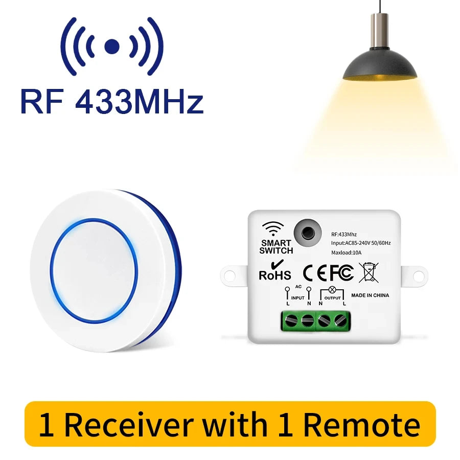 RF 433MHz Wireless Light Switch 220V 110V 10A Relay Controlle Mini Round Button Wall Panel Switch Remote Control For LED Lam…