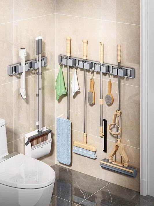 Mop and Broom Organizer Mop Holder Rack Mop Holder Wall Mounted Strong Broom Mop Holder Shelf with Hooks Organizers Hang Bro…