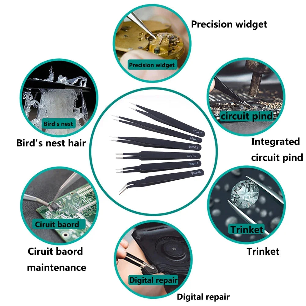 6Pcs Anti-static ESD Tweezers Maintenance Tool Industrial Precision Curved Straight Tweezers Repair Tools Set - image 6
