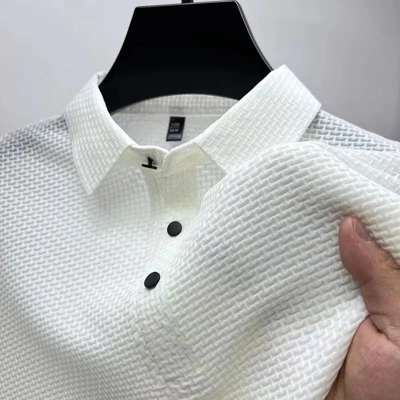 New Men's Business Casual Short Sleeved Bone Flower Solid Color POLO Shirt Fashion Breathable Comfortable Summer Versatile T…