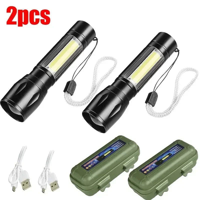 Mini LED Flashlight COB+XPE Portable Torch USB Charging Camping Lantern Zoomable Focus Light Tactical Flashlight with Pen Cl…