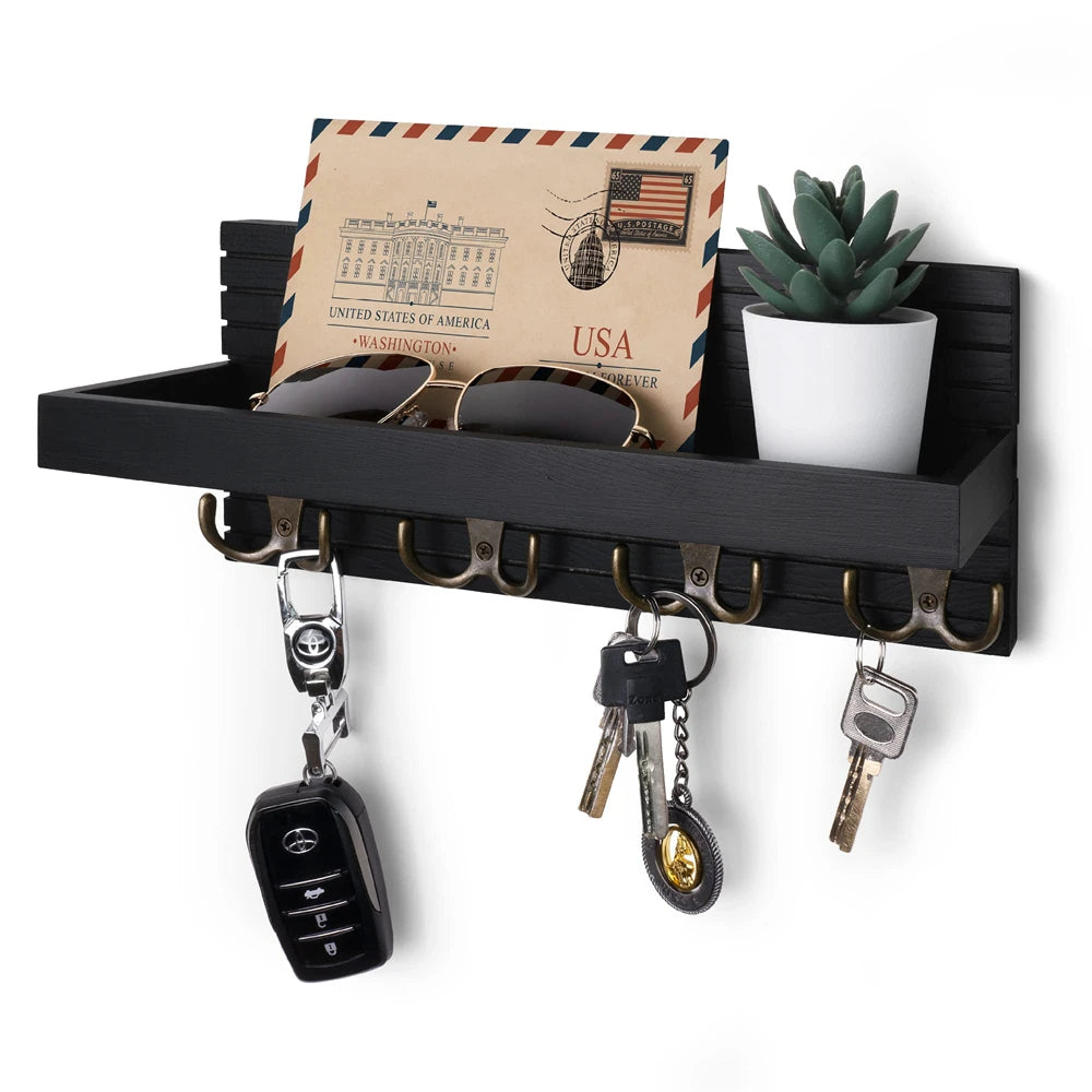 Wooden Key Holder for Entryway Decor Wall Mounted Mail Organizer and Key Hanger with 4 Hooks Rustic Rack for Keys Sunglasses…