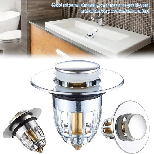 Universal Rebound Drain Plug Filter Basin Pop-up Chrome Sink Filter with Hair Catcher Bathroom Sink Drain Stopper Easy Push…