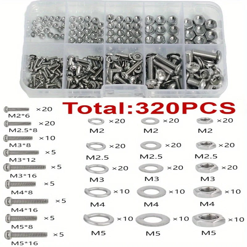 Hex Nuts and Bolt Set - 320 pieces/120 pieces, durable M2 - M5 metric size, universal hardware kit for DIY projects and repa…