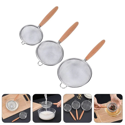 1/3pcs Stainless Steel Colander with Wooden Long Handle Hanging Ear Kitchen Strainer Filter Fine Mesh Sieve Sifter Kitchen T…