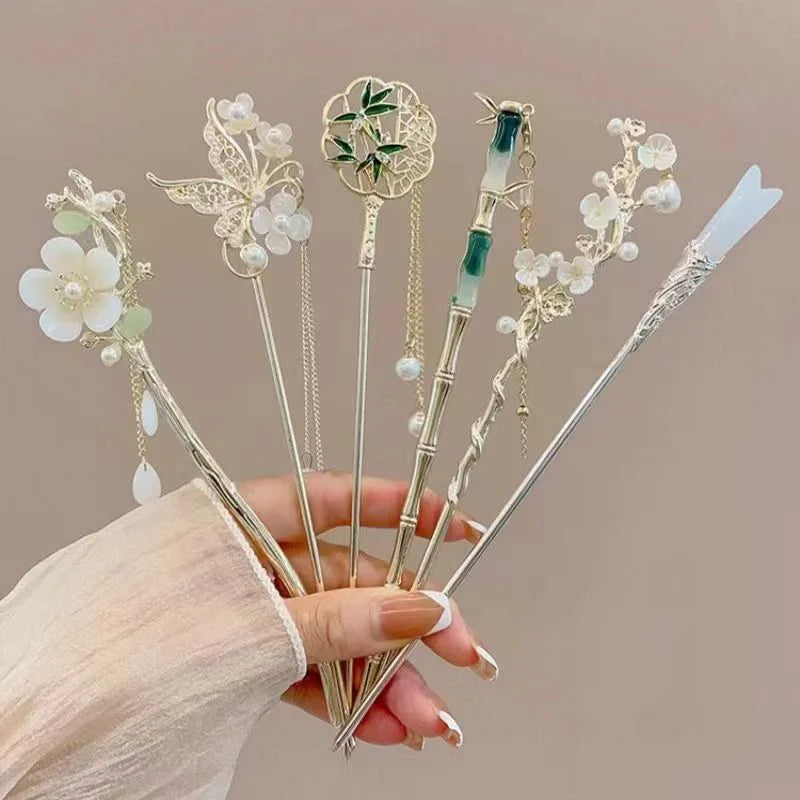 1/6pcs Elegant Chinese Style Tassel Hair Stick Traditional Floral Design Hairstyle Accessory Women Jewelry Hairpin Hairneedl…