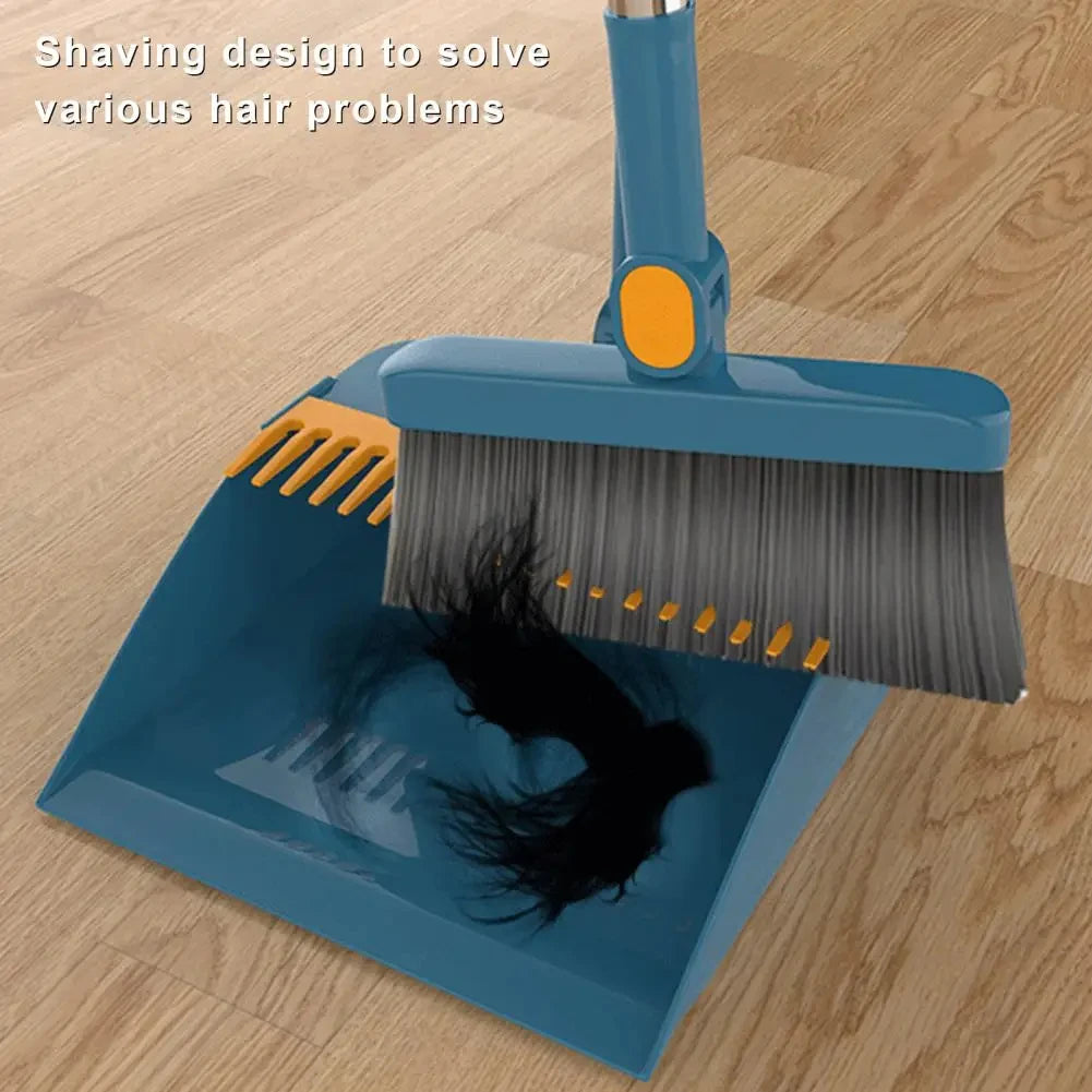 Long Handle Broom With Dustpan Set 180-Degree Angle Adjustment Stiff Bristles Buckle Type Broom Dustpan Set With Scraping Te…