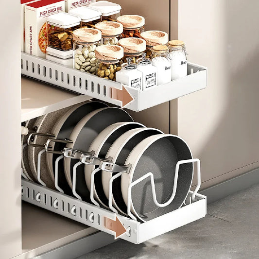 Under Cabinet Sliding Pots and Pans Organizer - Pull Out Kitchen Storage Tray with 8 Adjustable Dividers for Lids and Cookwa…