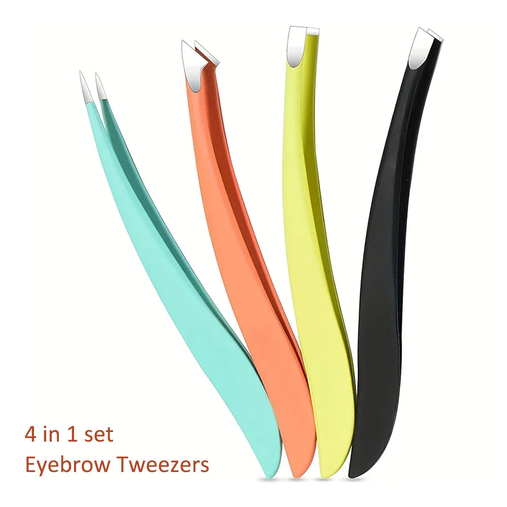 Ouriner Eyebrow Tweezers Set 4 Pcs Stainless Steel Eyebrow Forceps Professional Beauty Tool Set For Facial Hair Inward Growi…
