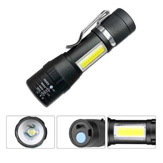 Portable Rechargeable LED Flashlight with Pen Clip Zoomable Waterproof Torch with Side Light Outdoor Camping Emergency Lante…