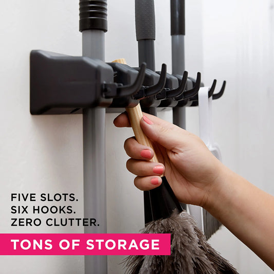 Wall Mounted Mop Holder 3/4/5 Position Multi-Functional Broom Hanger Shelf Home Kitchen Storage Black Magic Plastic Mop Hold…