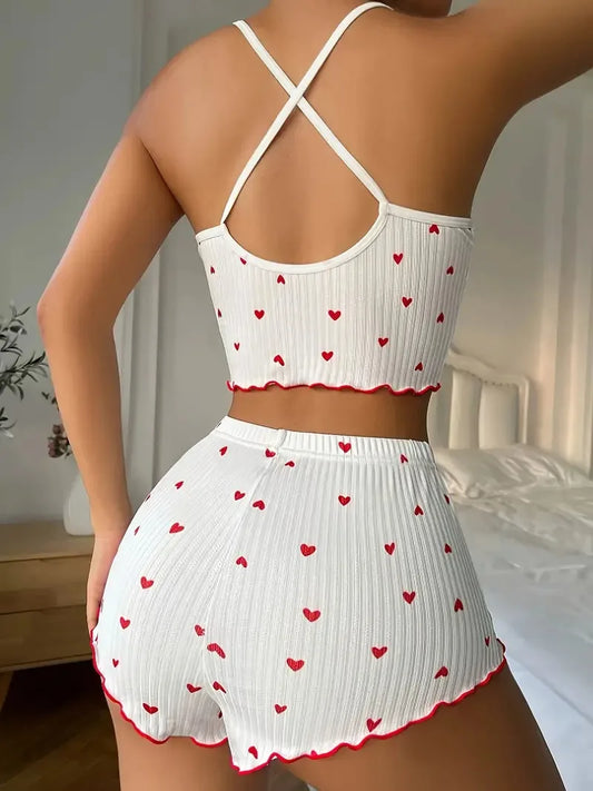 Sleepwear Women Pajamas Set Heart Print Soft Ribbed Fabric with Flirty Frill Trim Casual Cami Top and Shorts Sets Loungewear…