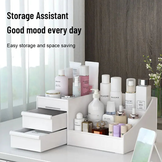 1pc White New Drawer Makeup Storage Box Dormitory Finishing Plastic Shelf Cosmetics Skin Care Dressing Table Desktop - image…