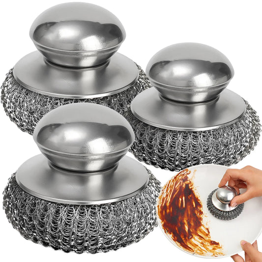1-10PCS Stainless Steel Pot Brush with Handle Heavy Duty Dishwashing Wire Ball Metal Scrubber for Home Kitchen Cleaning Tool…