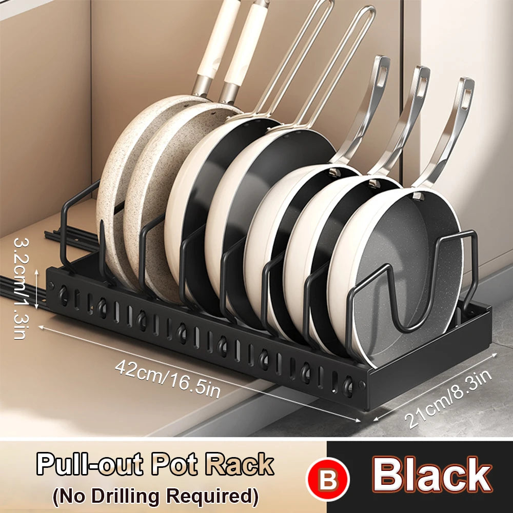 Under Cabinet Sliding Pots and Pans Organizer - Pull Out Kitchen Storage Tray with 8 Adjustable Dividers for Lids and Cookwa…