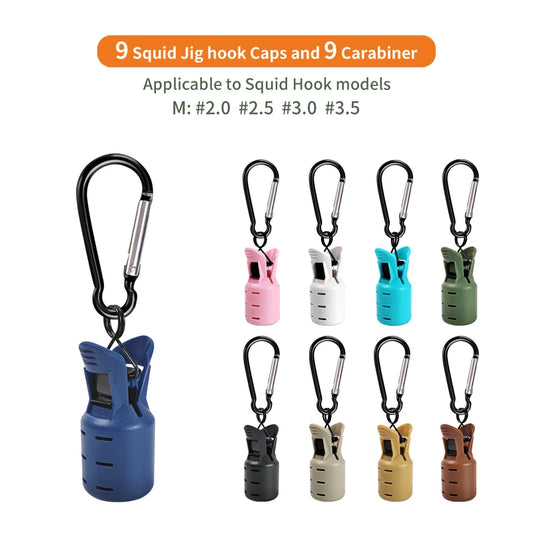 9PCS Squid Jig Protector Webfoot Octopus Egi Hook Cover Cuttlefish Umbrella Lure Cap Wood Shrimp Bait Accessories with Carab…
