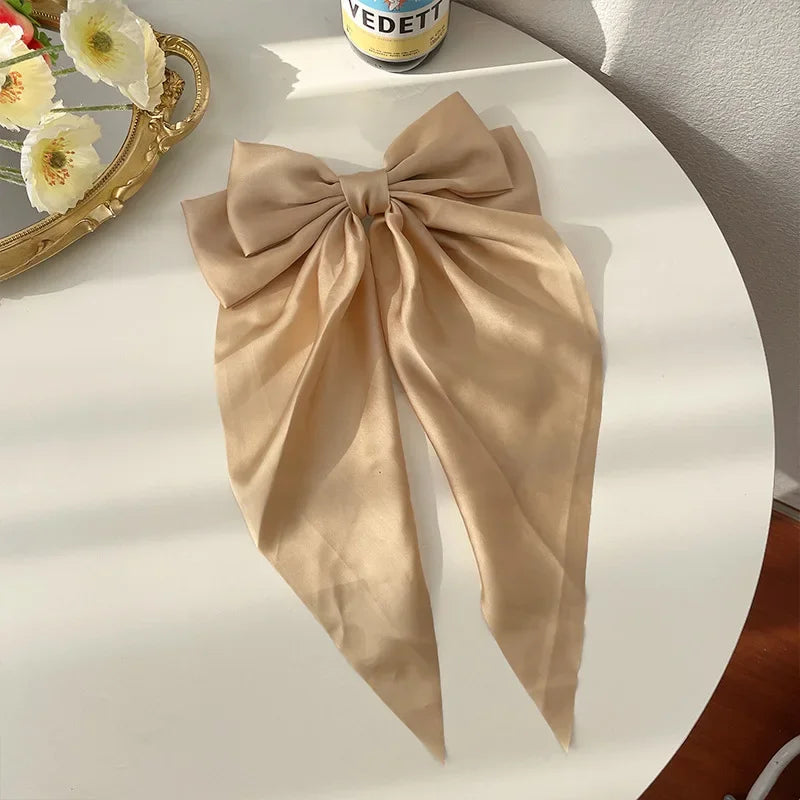 Korean Accessories Hair Clips for Women Girls Big Bowknot Solid Satin Long Ribbon Bows Spring Clamp Barette Cheveux Femme 20…