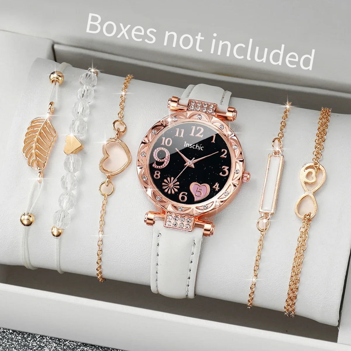 6PCS/Set Fashion Heart Dial Women's Watch Casual Leather Band Analog Quartz Watch Leaf Bracelets Set(Without Box) - image 9