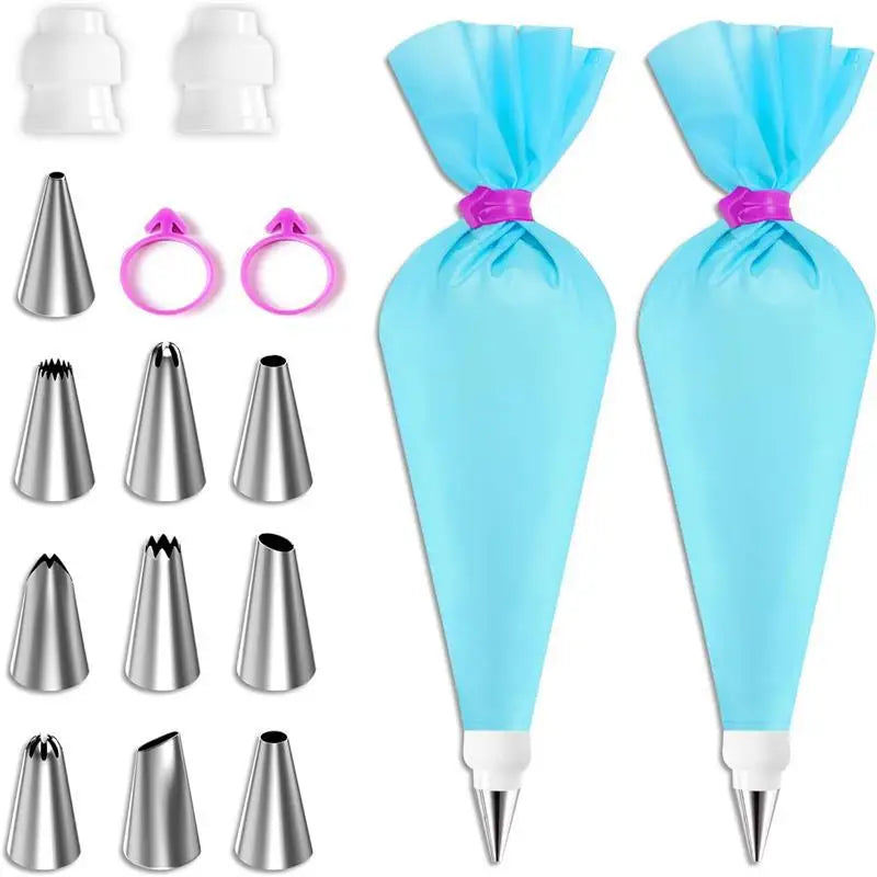 Silicone Piping Bags and Tips Set Cake DIY Decorating Kit with Stainless Steel Nozzle Reusable Silicone Pastry Baking tool -…