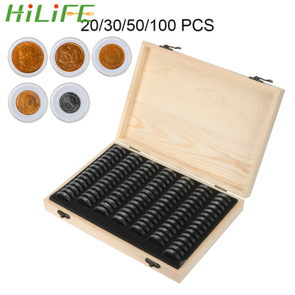 HILIFE Coin Storage Box With Adjustment Pad 20/30/50/100PCS Adjustable Wooden Commemorative Coin Collection Case Holder Caps…