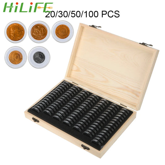 HILIFE Coin Storage Box With Adjustment Pad 20/30/50/100PCS Adjustable Wooden Commemorative Coin Collection Case Holder Caps…