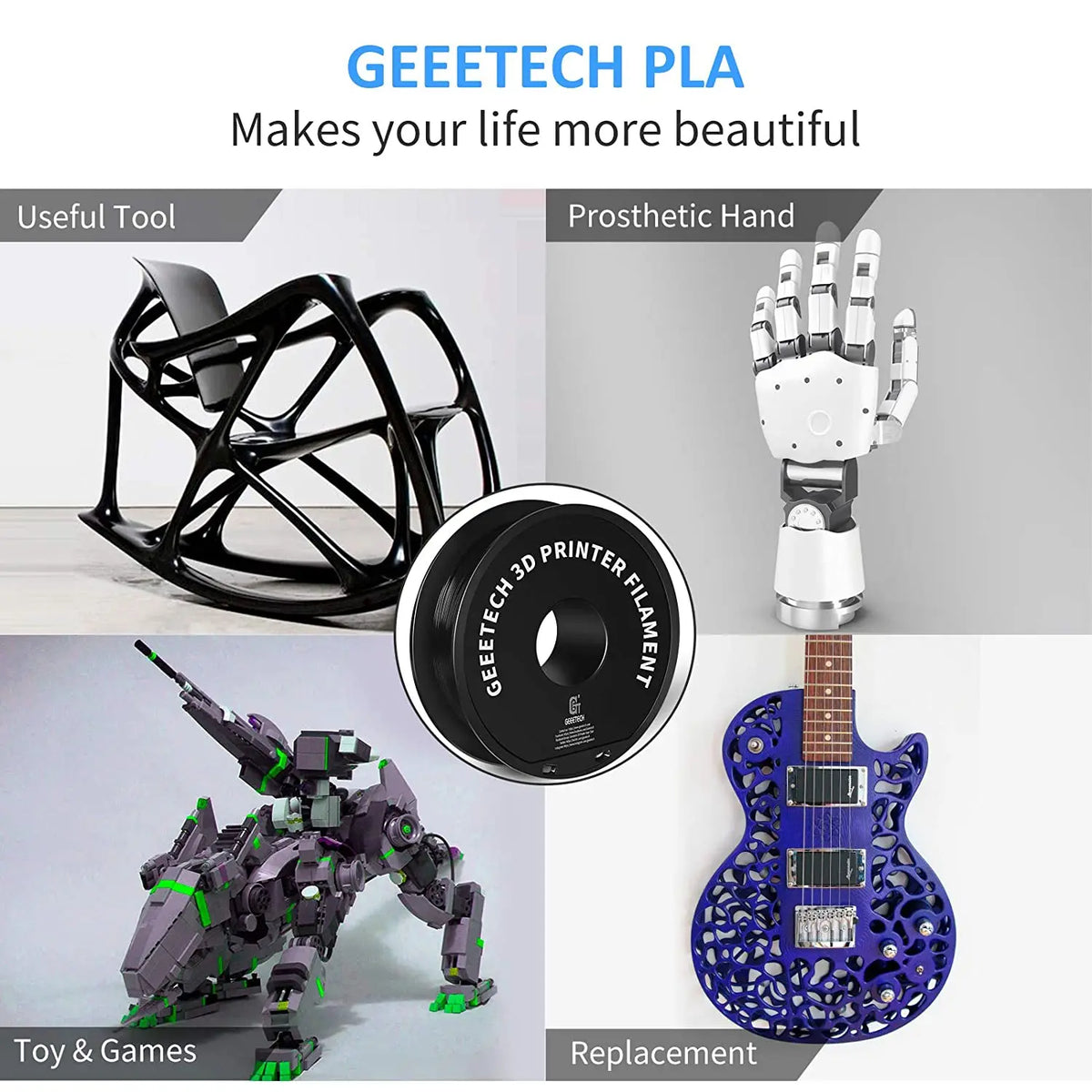 Geeetech 3d Printer Filament PLA PETG Plastic 1kg 1.75mm,Tangle-Free, 3d Printing Wire Materials, Black, White, Vacuum Packa…