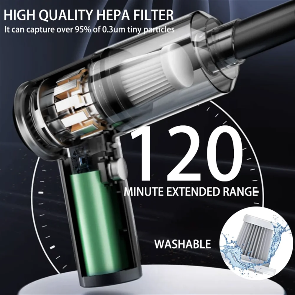 Handheld Vacuum Cordless High Power 15000PA Compressed Air Dust Collector Mini Portable Car Vacuum Cleaner Hairdryer - image…