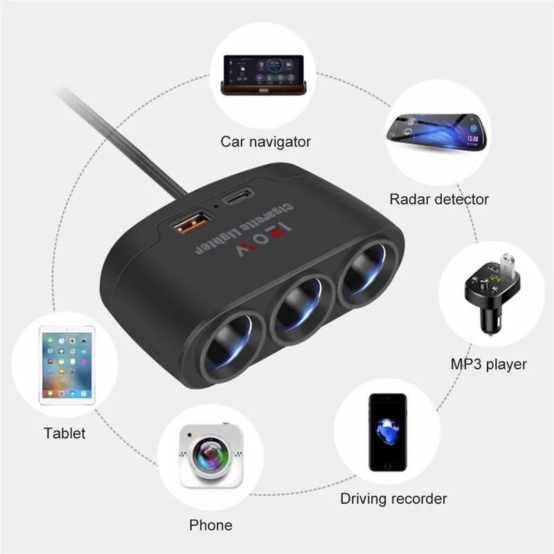 3 in 1 USB Type C Socket 120W Car Cigarette Lighter Splitter 12V 24V Fast Charger Phone Power Adapter for Car DVR GPS Dashca…