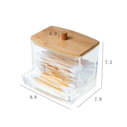 Cotton Swab Storage Box Double Head Cotton Buds Container Transparent Square Bamboo Cover Cotton Swab Toothpick Organize Box…