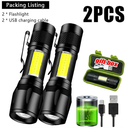 Mini LED Flashlight COB+XPE Portable Torch USB Charging Camping Lantern Zoomable Focus Light Tactical Flashlight with Pen Cl…