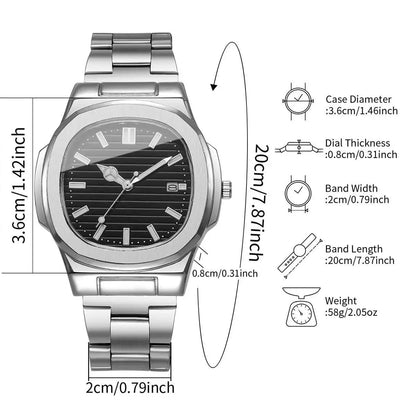 Luxury Men Business Watches Fashion Square Dial Stainless Steel Strap Quartz Watch with Calendar For Mens Clock（Without Box）…