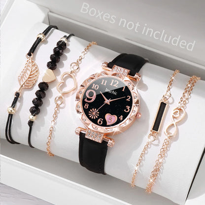 6PCS/Set Fashion Heart Dial Women's Watch Casual Leather Band Analog Quartz Watch Leaf Bracelets Set（Without Box） - image 3