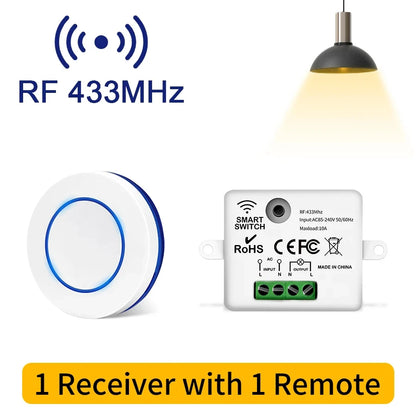 RF 433MHz Wireless Light Switch 220V 110V 10A Relay Controlle Mini Round Button Wall Panel Switch Remote Control For LED Lam…