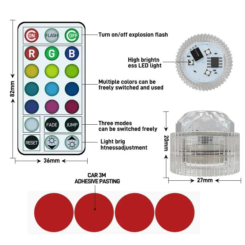 Wireless Adhesive LED Car Interior Ambient Light Remote Control Decor Auto Roof Foot Atmosphere Lamp Bicycle Tail Light - im…