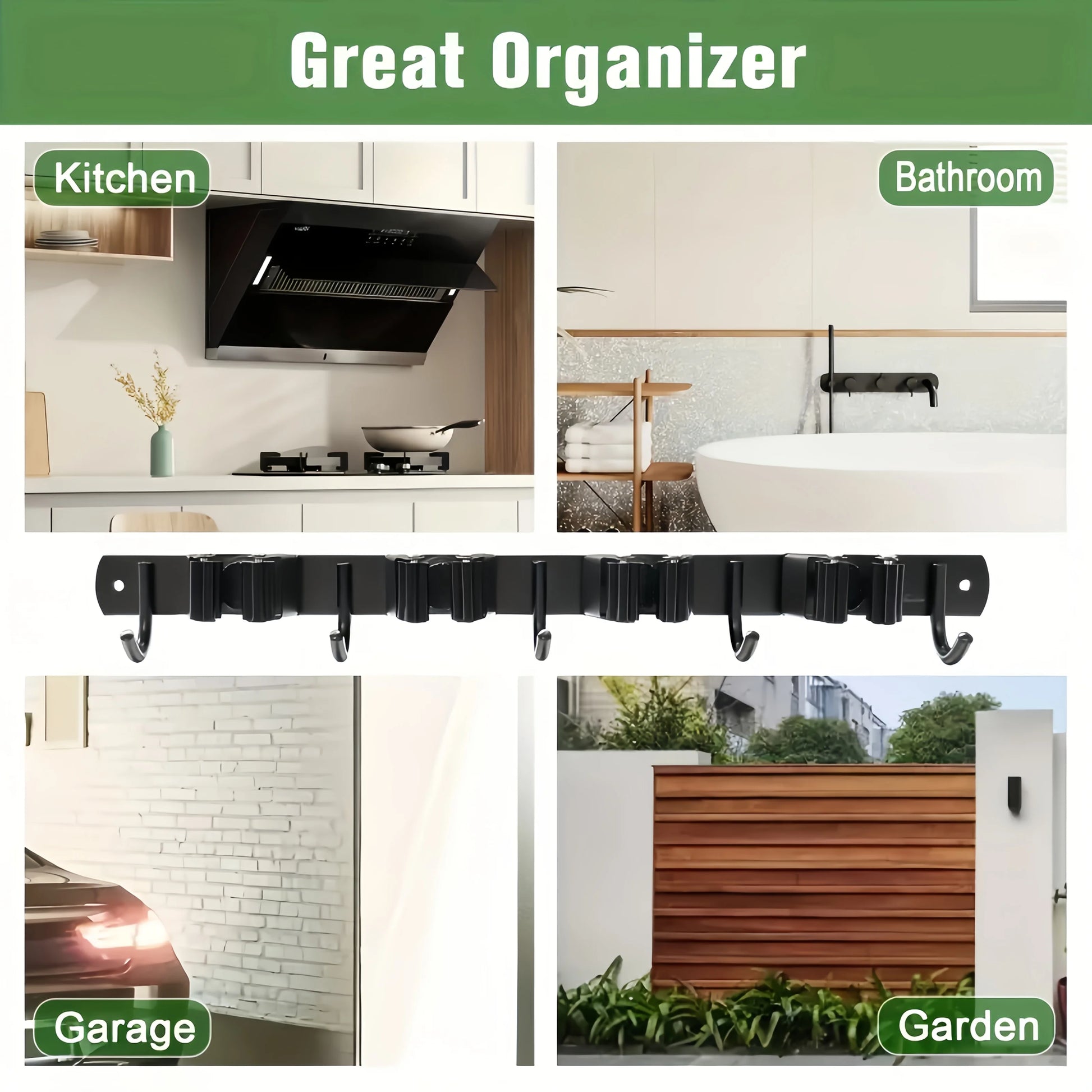 1 Heavy-Duty Metal Tool Rack with 4 Slots and 5 Hooks - Wall-Mounted Storage for Garden Tools, Brooms, Mops, and Garage Equi…