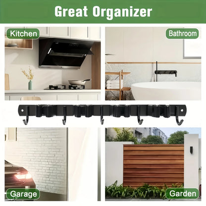 1 Heavy-Duty Metal Tool Rack with 4 Slots and 5 Hooks - Wall-Mounted Storage for Garden Tools, Brooms, Mops, and Garage Equi…