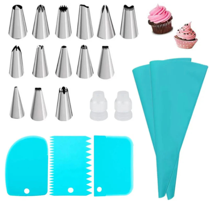Silicone Piping Bags and Tips Set Cake DIY Decorating Kit with Stainless Steel Nozzle Reusable Silicone Pastry Baking tool -…
