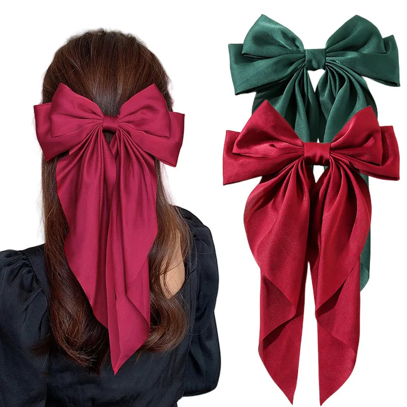 Korean Accessories Hair Clips for Women Girls Big Bowknot Solid Satin Long Ribbon Bows Spring Clamp Barette Cheveux Femme 20…