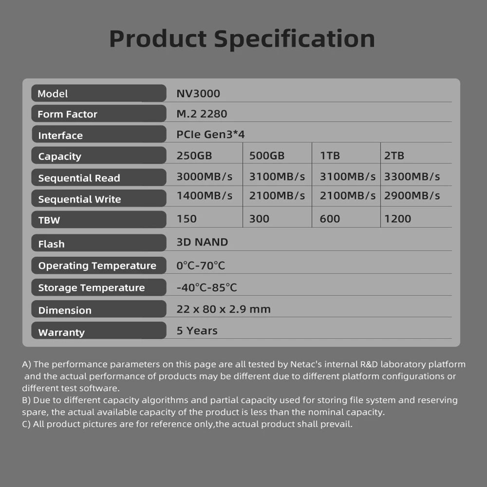Netac NVMe SSD M2 1TB 2TB 500GB 250GB 3500MB/s SSD PCIe3.0 M.2 2280 SInternal Solid State Drives Disk NV3000 for Laptop Desk…