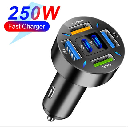 250W PD Car Charger QC3.0 Fast Charge two to Six Port Car Cigarette Lighter Plug Car Charger Flash Charge with Digital Displ…