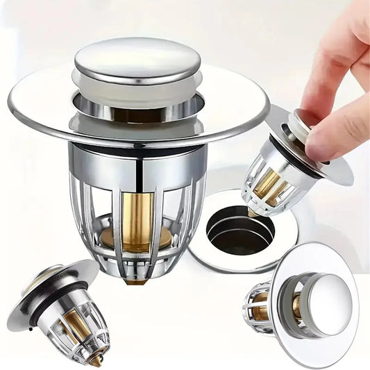 Universal Rebound Drain Plug Filter Basin Pop-up Chrome Sink Filter with Hair Catcher Bathroom Sink Drain Stopper Easy Push…