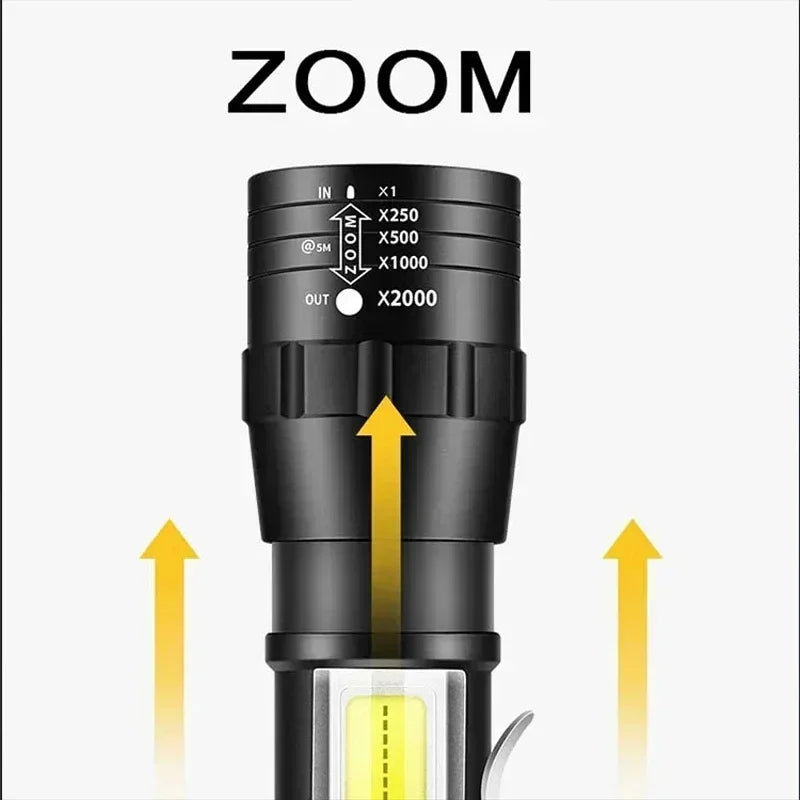 Portable Rechargeable LED Flashlight with Pen Clip Zoomable Waterproof Torch with Side Light Outdoor Camping Emergency Lante…