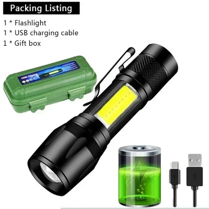 Mini LED Flashlight COB+XPE Portable Torch USB Charging Camping Lantern Zoomable Focus Light Tactical Flashlight with Pen Cl…