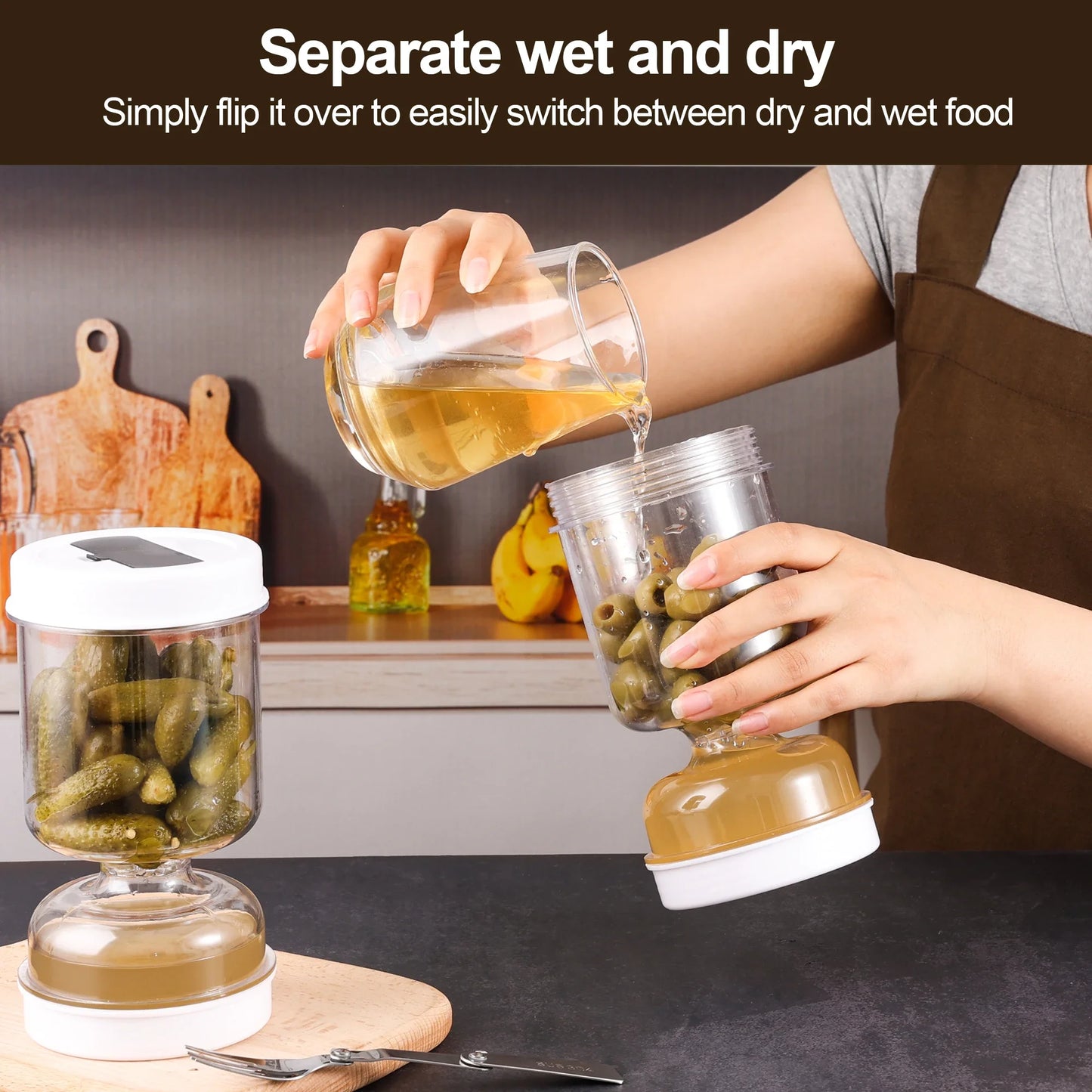 Pickles Jar With Forks Dry and Wet Dispenser Pickle and Olives Hourglass Jar Cucumber Container for Kitchen Juice Separator…