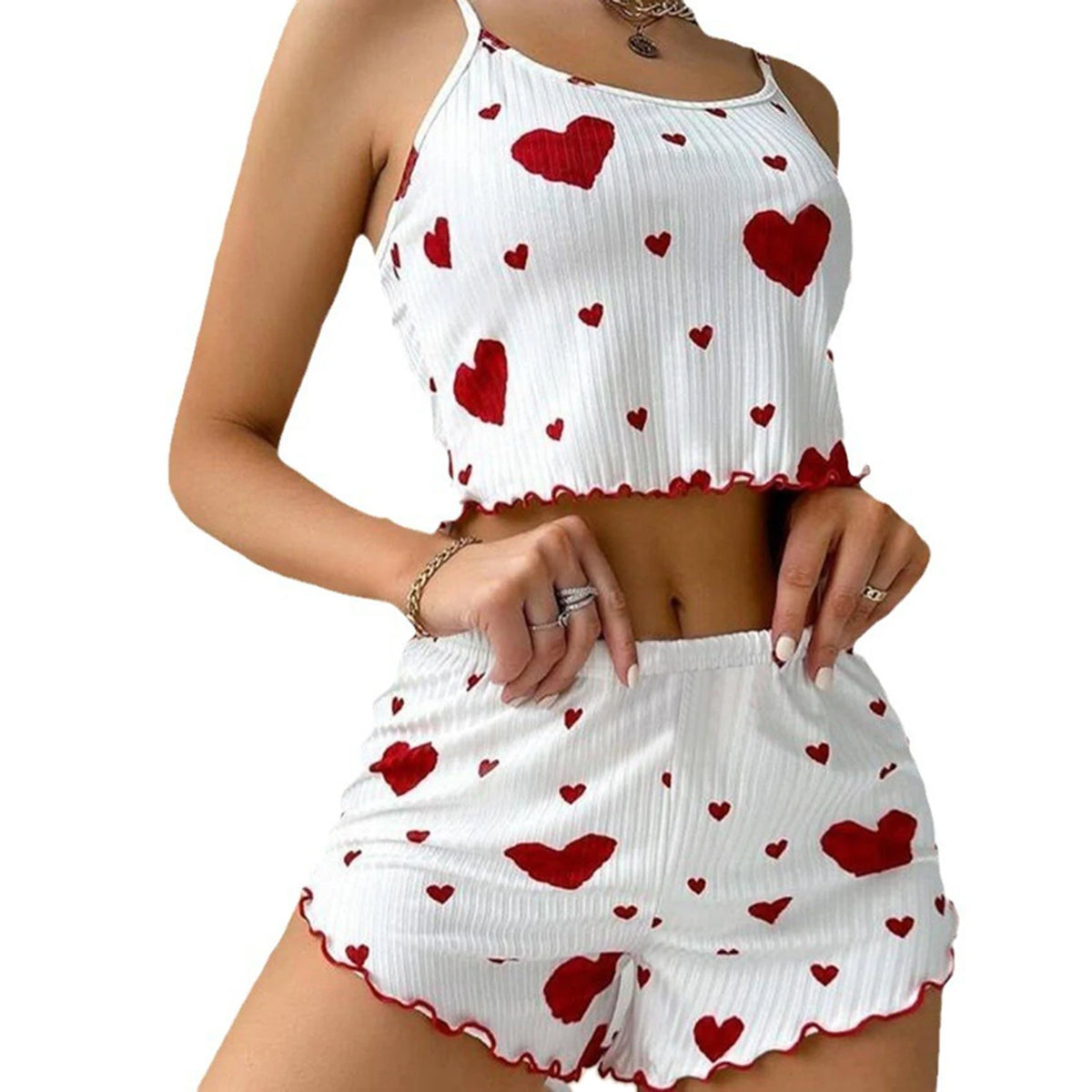 Women's Pajamas Set Sleepwear 2 PCS Short Tank Tops And Shorts S M L White Ventilate Soft Casual Love Printing - image 10