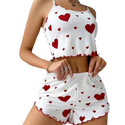Women's Pajamas Set Sleepwear 2 PCS Short Tank Tops And Shorts S M L White Ventilate Soft Casual Love Printing - image 10