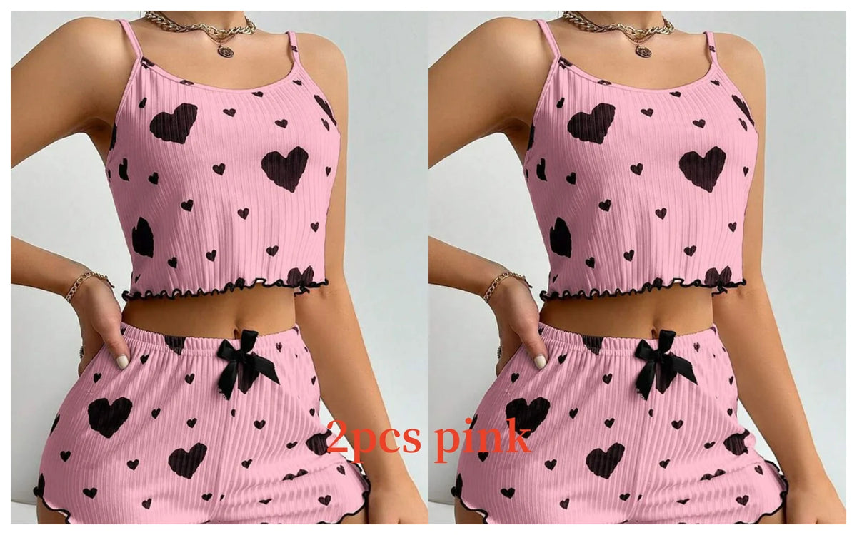 Women's Pajamas Set Sleepwear 2 PCS Short Tank Tops And Shorts S M L White Ventilate Soft Casual Love Printing - image 12