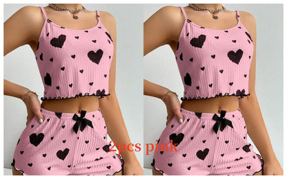 Women's Pajamas Set Sleepwear 2 PCS Short Tank Tops And Shorts S M L White Ventilate Soft Casual Love Printing - image 12