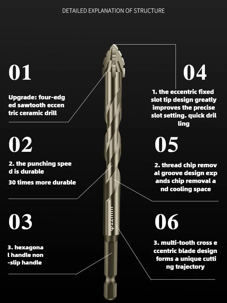 High-Four-Edged Serrated Eccentric Drill for Dry Drilling of Ceramic Tiles, Glass, Marble, Concrete, Stainless Steel Drill B…