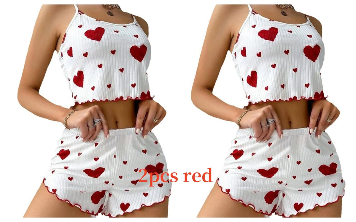 Women's Pajamas Set Sleepwear 2 PCS Short Tank Tops And Shorts S M L White Ventilate Soft Casual Love Printing - image 17